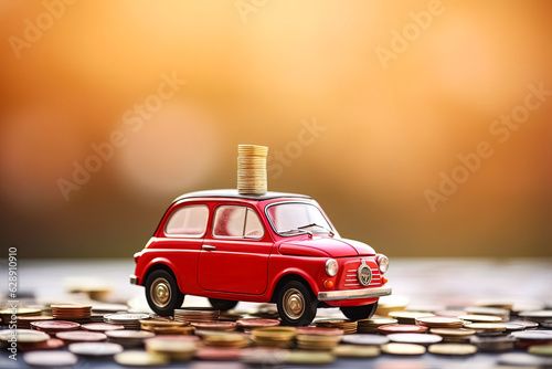 Red car on coins. Car insurance and car loans, concept of savings money on car purchase photo
