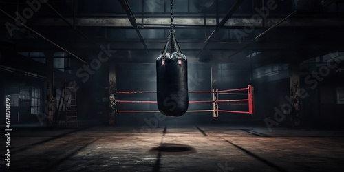 AI Generated. AI Generative. Dark vintage retro old gym boxing bag fitness sport martial arts room interior. Graphic Art