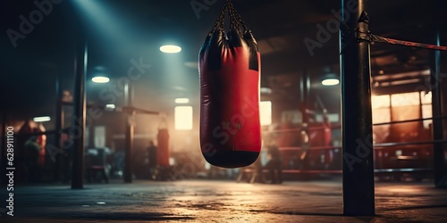 AI Generated. AI Generative. Dark vintage retro old gym boxing bag fitness sport martial arts room interior. Graphic Art © AkimD