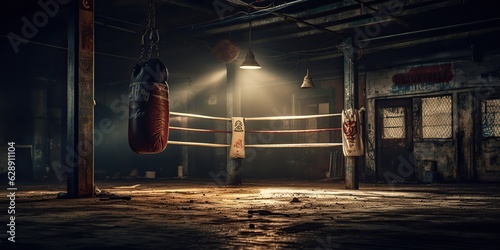 AI Generated. AI Generative. Dark vintage retro old gym boxing bag fitness sport martial arts room interior background. Sport life motivation inspiration. 