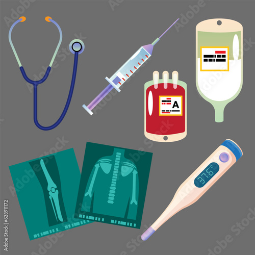 Set of medical icons. Stethoscope,  syringe,  thermometer, saline bag, Vector illustration in flat style. Medical equipment.