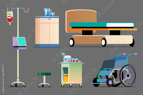 Illustration of a set of hospital equipment including a stretcher, bedside table, wheelchair.