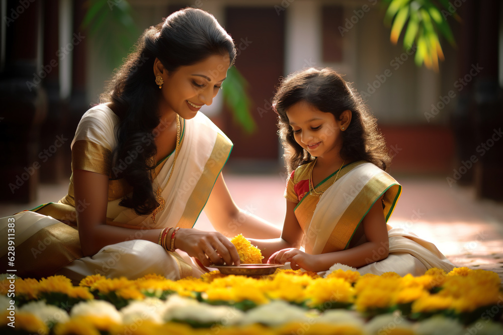 Traditionally dressed Indian ethnic mother and daughter making colourful arrangement with flowers in-front of their house. Concept for Onam festival in Kerala