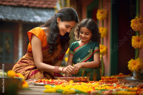Traditionally dressed Indian ethnic mother and daughter making colourful arrangement with flowers in-front of their house. Concept for Onam festival in Kerala photo