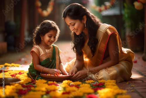 Traditionally dressed Indian ethnic mother and daughter making colourful arrangement with flowers in-front of their house. Concept for Onam festival in Kerala photo