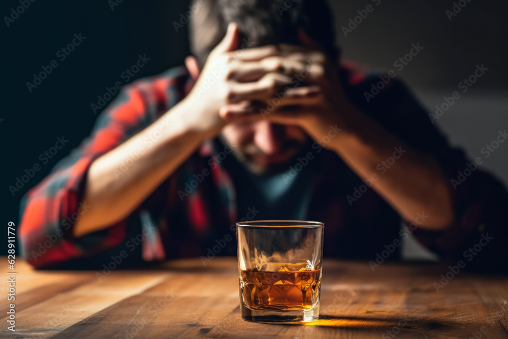 Drinking or alcohol abuse problem. Anonymous man sitting at desk with alcoholic drink, focus on glass with liquor in foreground. Generative AI