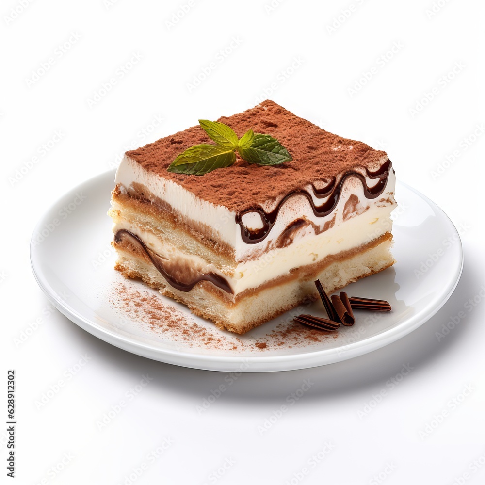 Classic tiramisu dessert on ceramic plate isolated on white background Classic tiramisu dessert on ceramic plate isolated on white background