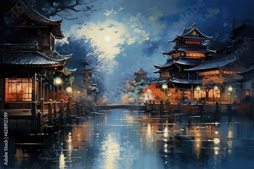 art illustration of cityscape of asian city at night, Japan night. (ai generated)