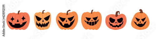 Cute Halloween Pumpkin Set. Smiling cartoon lantern faces. Helloween holiday characters in the shape of pumkin. Flat illustrations isolated on white background.