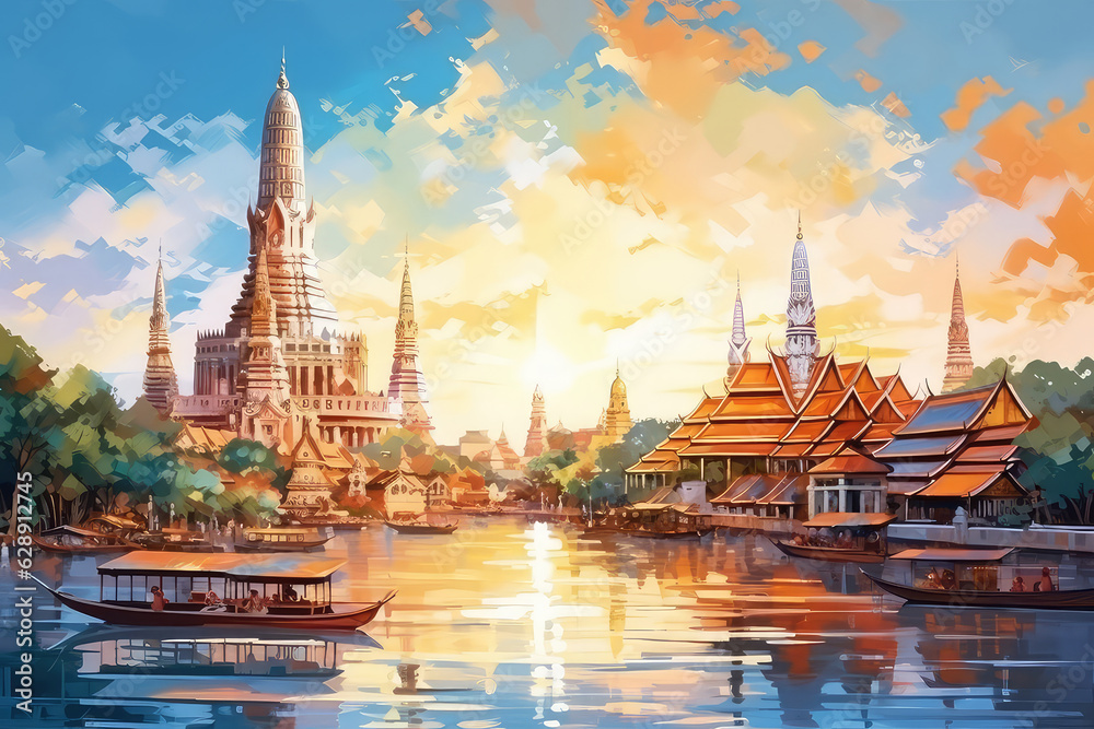 oil painting on canvas, Wat Arun Temple at sunset landmark of Bangkok, Thailand (ai generated)