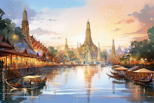 oil painting on canvas, Wat Arun Temple at sunset landmark of Bangkok, Thailand (ai generated)