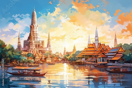 oil painting on canvas, Wat Arun Temple at sunset landmark of Bangkok, Thailand (ai generated)