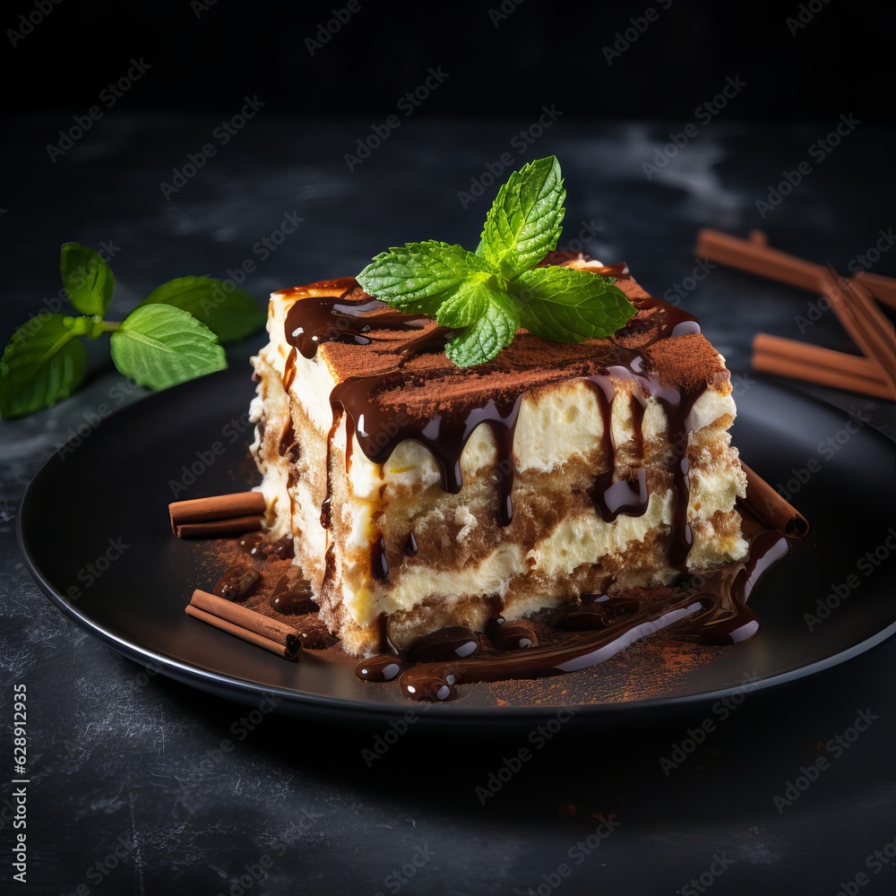 Homemade Delicious Tiramisu cake decorated with fresh mint on a black stone table concrete background