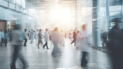 abstract blurred image of doctor and patient people in hospital interior or clinic corridor for background, laboratory, science experiment, health care and medical technology concept, Generative AI