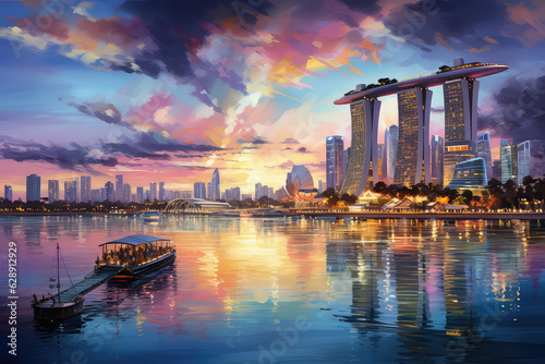 oil painting on canvas, Singapore cityscape at dusk. Landscape of Singapore business building around Marina bay. Modern high building in business district area at twilight. (ai generated) photo