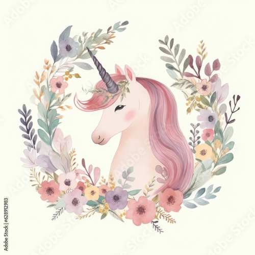 Vintage illustration with cute unicorn and floral wreath, Generative AI