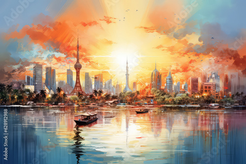 oil painting on canvas, Jakarta downtown skyline with high-rise buildings at sunset (ai generated)