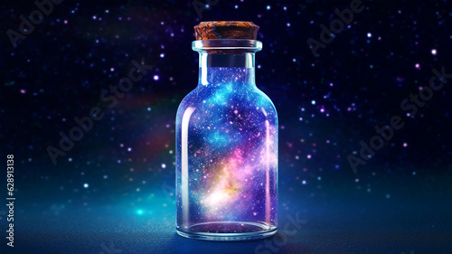Magic bottle with mystical landscape and magic neon light, concept of magic and fairy tale