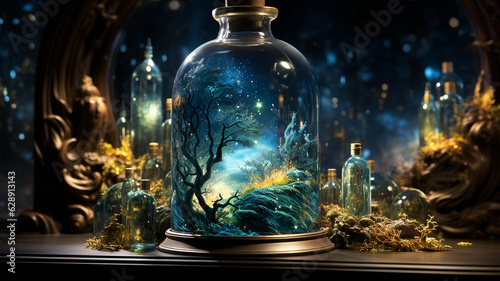 Magic bottle with mystical landscape and magic neon light, concept of magic and fairy tale