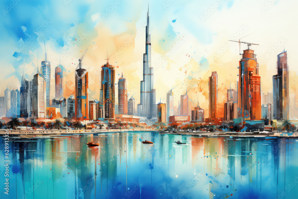 oil painting on canvas, Dubai city amazing city center skyline and
