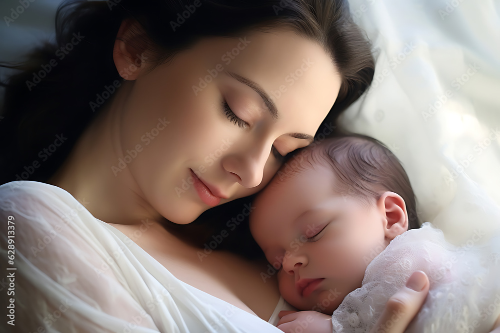 mother holding a baby in her arms sleeping with care Generative AI mother holding a baby in her arms sleeping with care Generative AI