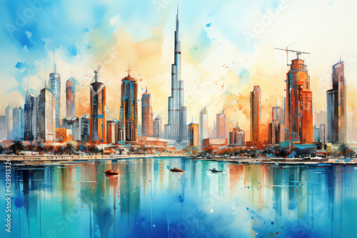 oil painting on canvas, Dubai city - amazing city center skyline and famous Jumeirah beach at sunset, United Arab Emirates. (ai generated)