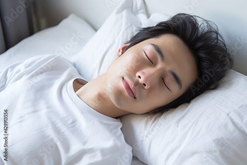 asian man wearing a white t-shirt sleeping peacefully in bed Generative AI