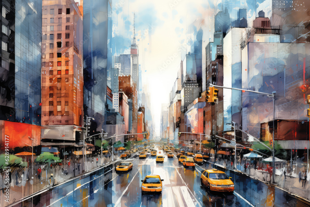 oil painting on canvas, Yellow Taxi in Manhattan, New York City in USA sunset. (ai generated) - obrazy, fototapety, plakaty 
