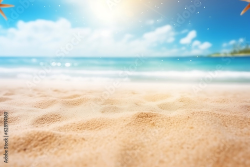 white sand with sun ray shining on a beach with blue ocean and sky Generative AI