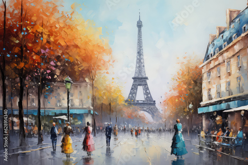 oil painting on canvas  street view of Paris. Artwork. eiffel tower . people on street. Tree. France  ai generated 