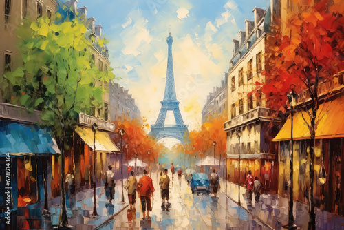 oil painting on canvas, street view of Paris. Artwork. eiffel tower . people on street. Tree. France (ai generated) © ImagineDesign
