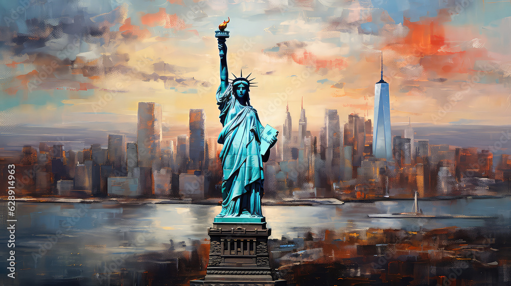 oil painting on canvas, The Statue of Liberty with One World Trade Center background, Landmarks of New York City, USA. (ai generated) - obrazy, fototapety, plakaty 
