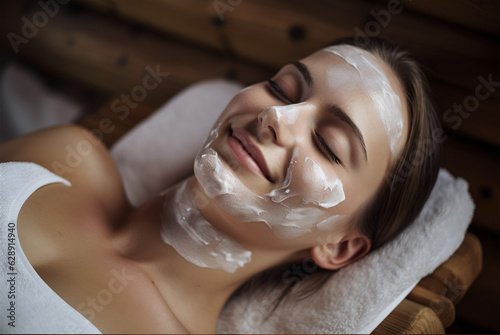 beauty face mask, Beauty procedures, skin care mask, concept of relaxation. woman with cream on her face. girl with a mask on her face close-up. woman lying during a procedure at the cosmetologist's