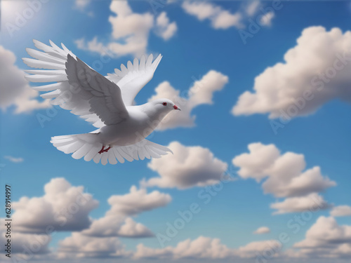 White dove on a cloudy sky and sun rays from the side. generative ai