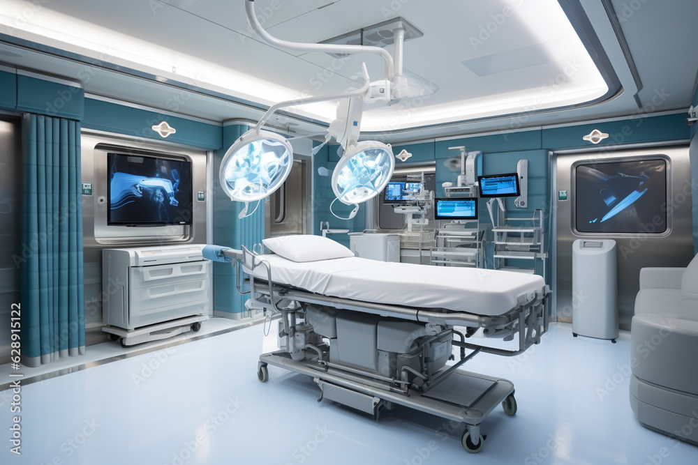 The operating room is designed with noise reduction materials and soundproofing elements, ensuring a focused and quiet environment for the surgeon to concentrate during critical mo Generative AI The operating room is designed with noise reduction materials and soundproofing elements, ensuring a focused and quiet environment for the surgeon to concentrate during critical mo Generative AI