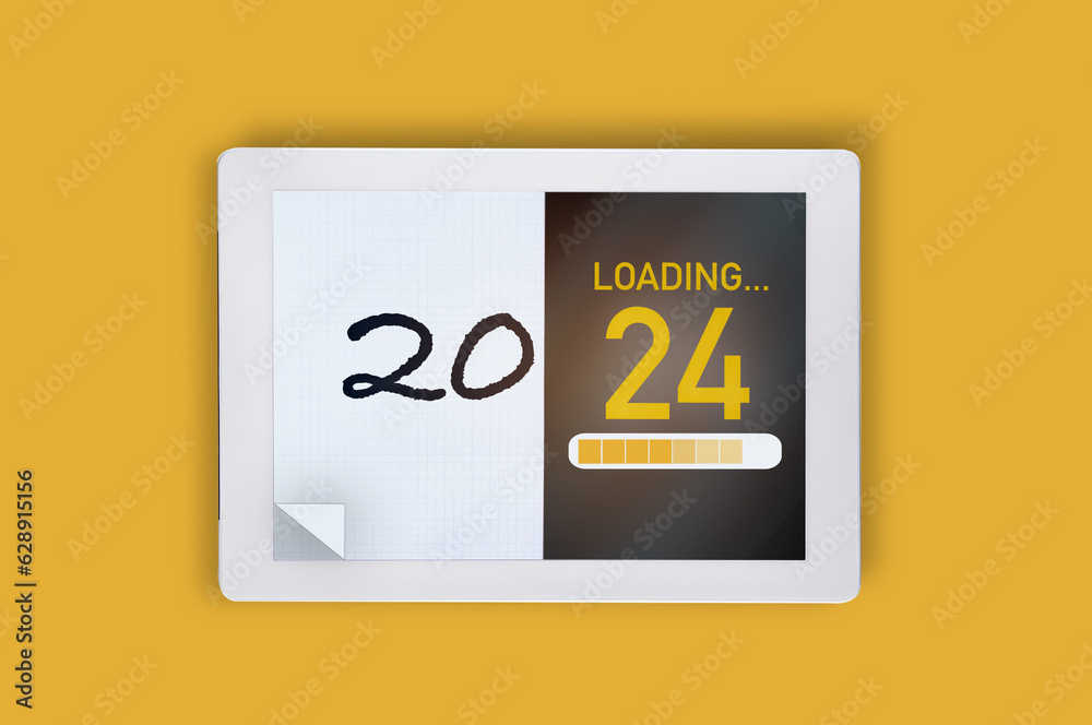 2024 traditional on white paper and artificial intelligence digital tablet technology on yellow background