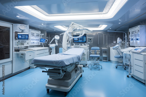 The operating room is designed with noise reduction materials and soundproofing elements  ensuring a focused and quiet environment for the surgeon to concentrate during critical mo Generative AI