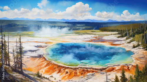 oil painting on canvas, Grand Prismatic Spring in Yellowstone National Park. USA. (ai generated)