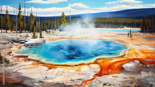oil painting on canvas  Grand Prismatic Spring in Yellowstone National Park. USA.  ai generated 