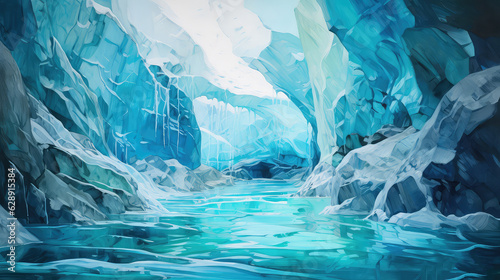 oil painting on canvas, Inside an ice cave in Vatnajokull, Iceland. The ice is thousands of years old and so packed it is harder than steel and crystal clear. USA. (ai generated)
