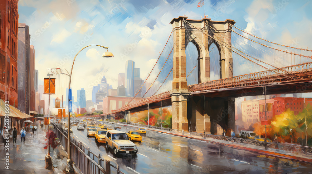 Obraz premium oil painting on canvas, New York City - beautiful bridge manhattan with manhattan and brooklyn bridge, USA. (ai generated)