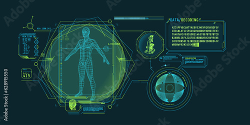 Medical research futuristic interface screen with data decoding.
