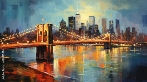 Fotografie, Obraz oil painting on canvas, New York City - beautiful sunset over manhattan with manhattan and brooklyn bridge, USA