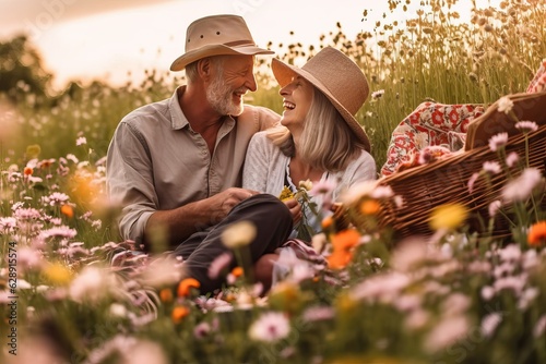 Couple enjoying romantic picnic in flower field #628915574