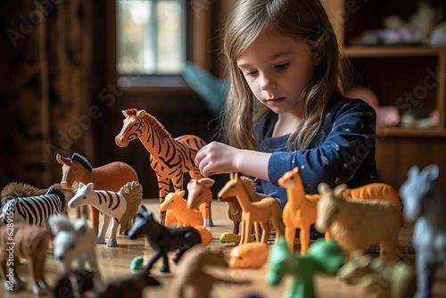 Child play with set of toy animal.