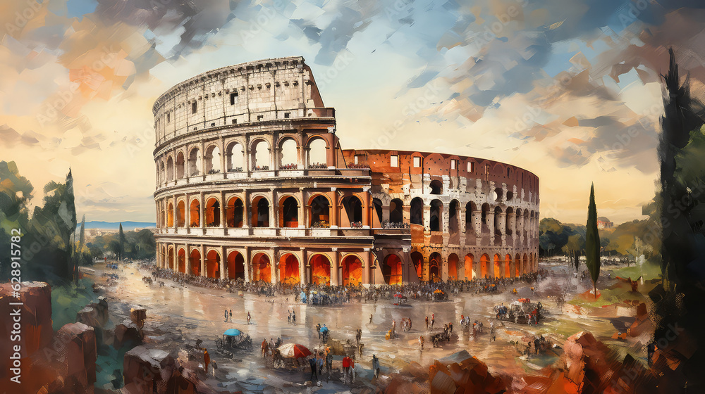 oil painting on canvas, Rome, Italy. The Colosseum or Coliseum at sunrise. (ai generated)