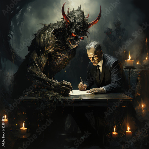 An art piece depicting a contract being signed with a devilish figure, portraying the stars as they allegedly sell their souls for fame and success, wallpaper background image photo