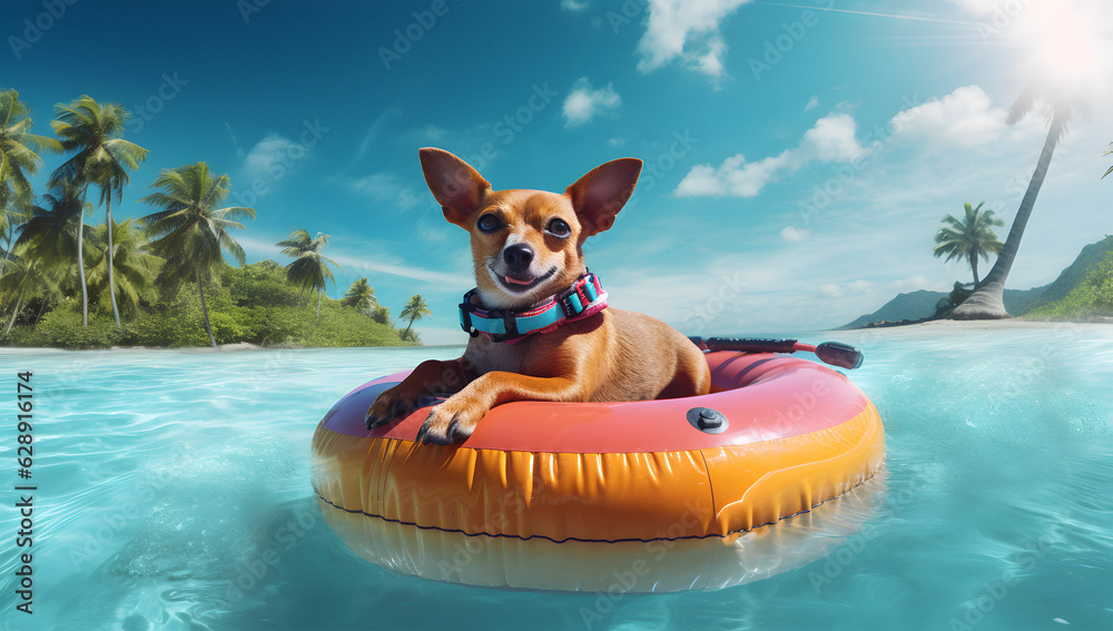Pet vacation, Illustration happy dog, Banner about leisure and travel, Dog in an inflatable float. swimming on vacation. concept of relaxation. Generated by ai