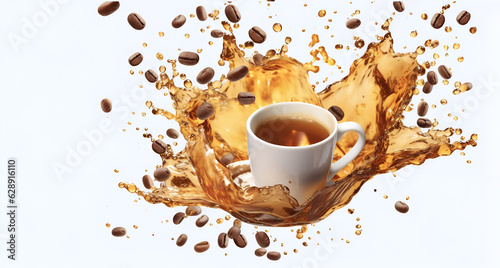 Coffee Cup isolated, splashing coffee, Coffee on a white background with coffee beans. Generated by AI