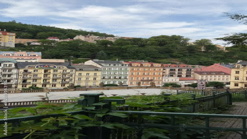Panoramic view of architecture in center of Karlovy Vary, Czech Republic in summer. Vertical video Panoramic view of architecture in center of Karlovy Vary, Czech Republic in summer. Vertical video